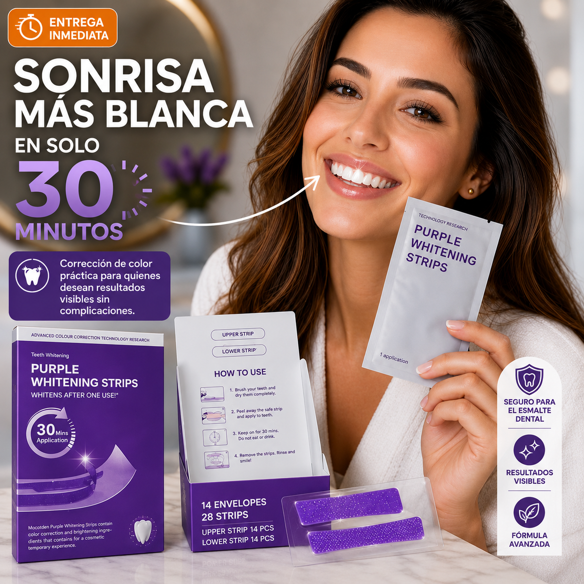 Purple Whitening Strips – Tiras Blanqueadoras con Tecnología PAP+