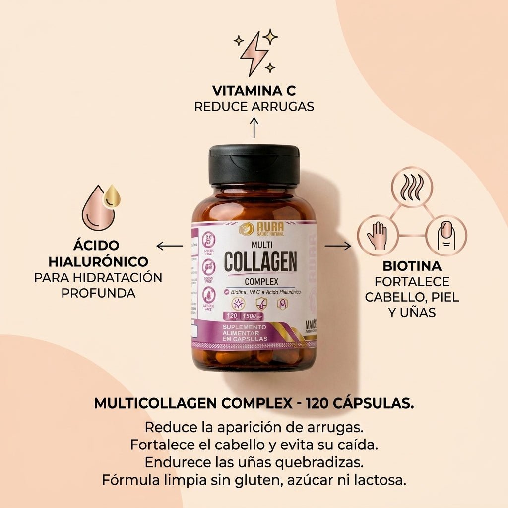 AURA Multicolágeno Complex | Fórmula Avanzada con Ácido Hialurónico | 120 caps.