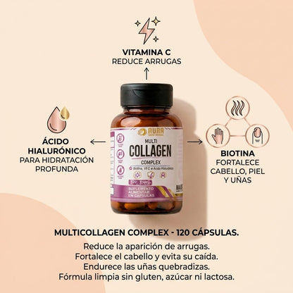 AURA Multicolágeno Complex | Fórmula Avanzada con Ácido Hialurónico | 120 caps.