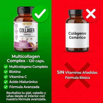 AURA Multicolágeno Complex | Fórmula Avanzada con Ácido Hialurónico | 120 caps.