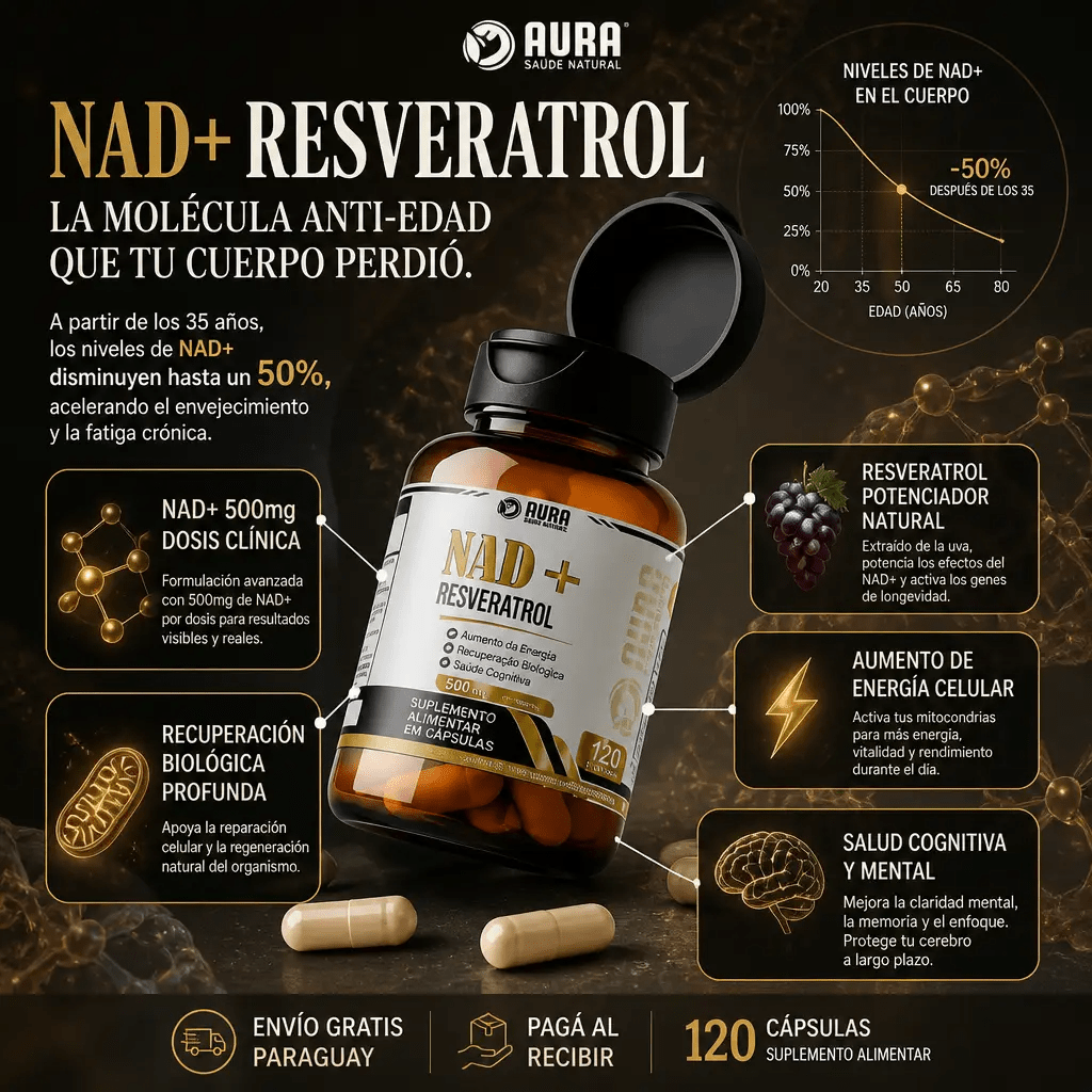 NAD+ Resveratrol 500mg – Suplemento Antienvejecimiento para Energía y Recuperación Celular 120 Cápsulas
