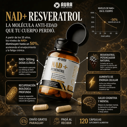 NAD+ Resveratrol 500mg – Suplemento Antienvejecimiento para Energía y Recuperación Celular 120 Cápsulas